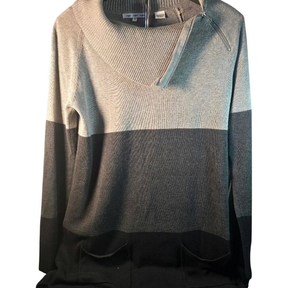 Eight Eight‎ Eight Womens Colorblock Cotton Sweater Grey Black Zip Neck Size S